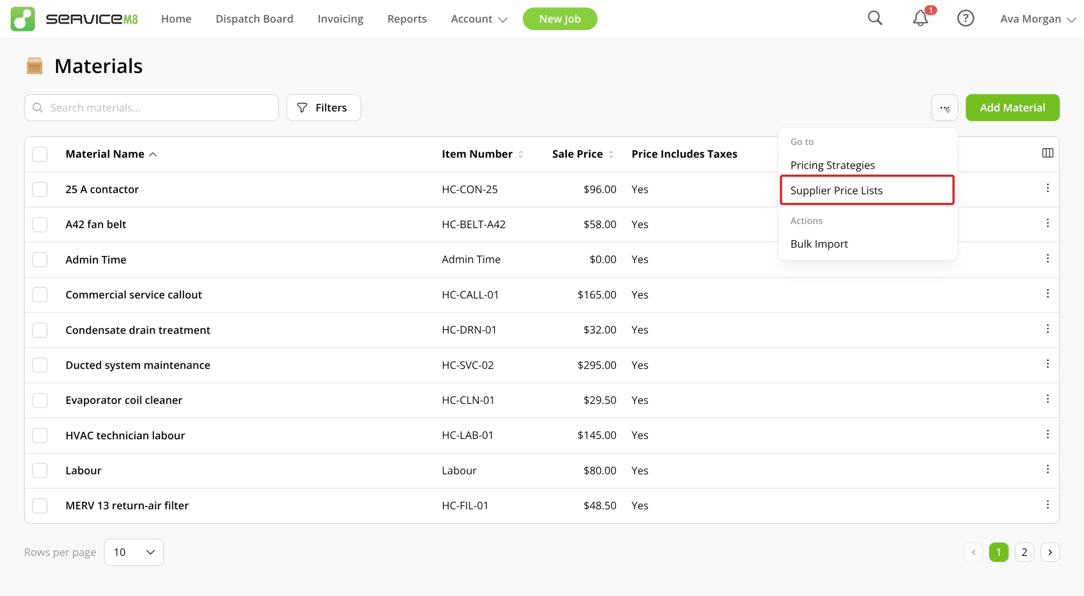 Supplier Price Lists outlined in the Materials page's More actions menu