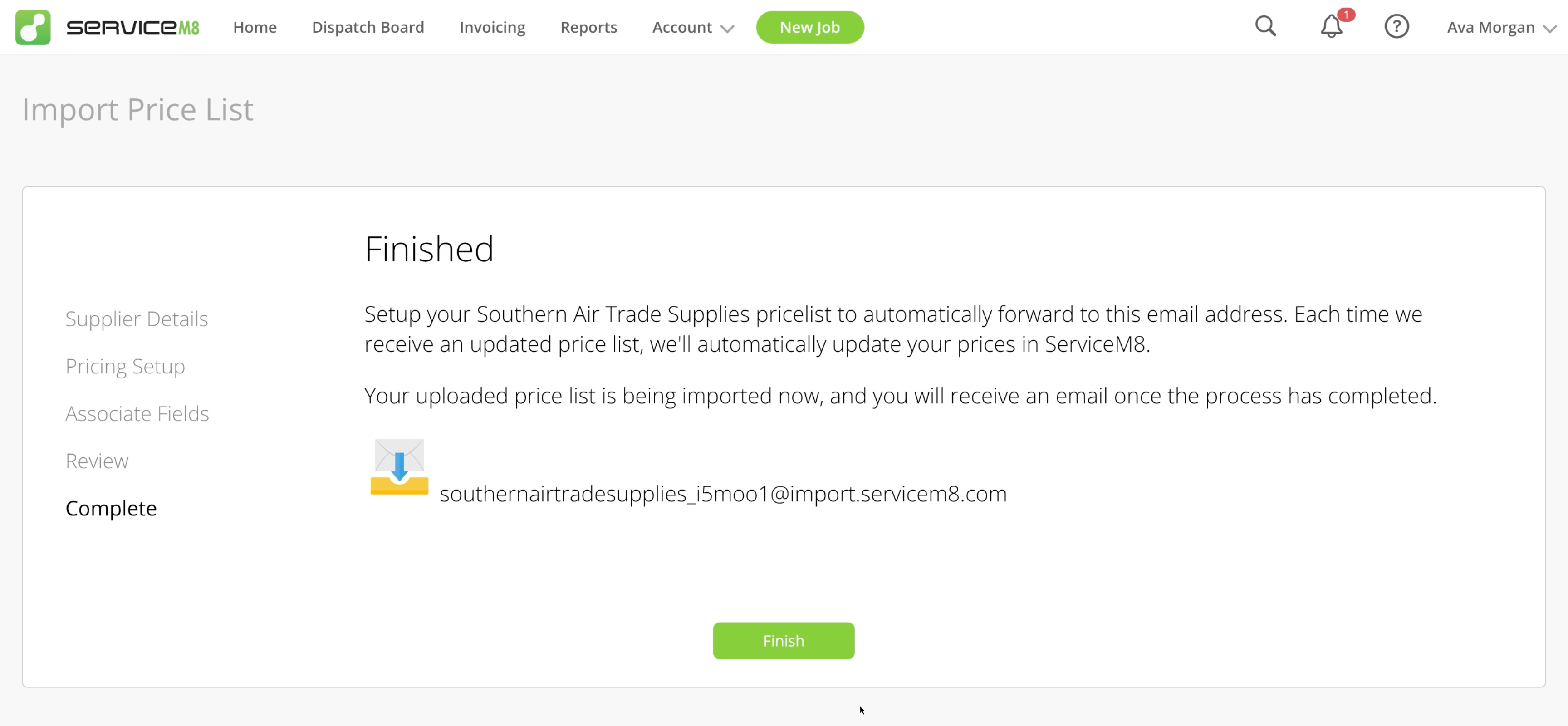 Import started confirmation with the supplier's dedicated import email address