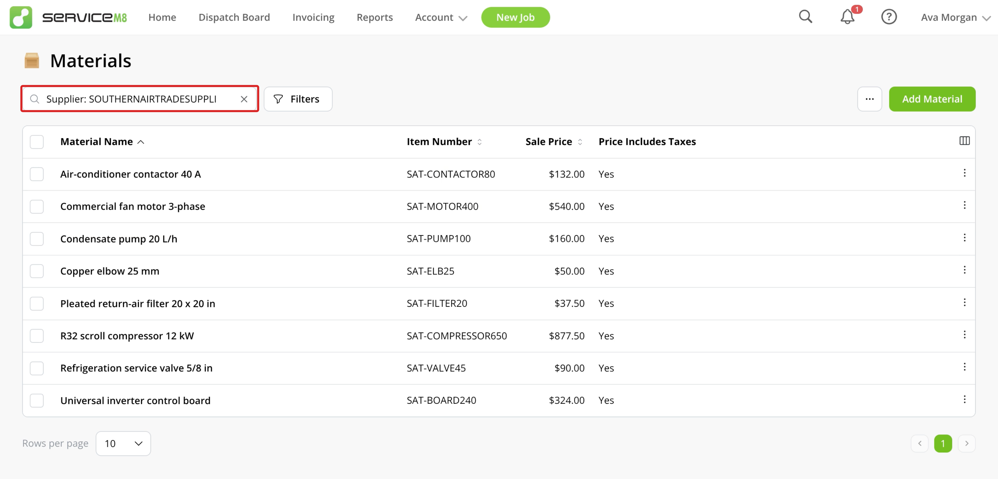 Materials list filtered to the supplier after a successful import
