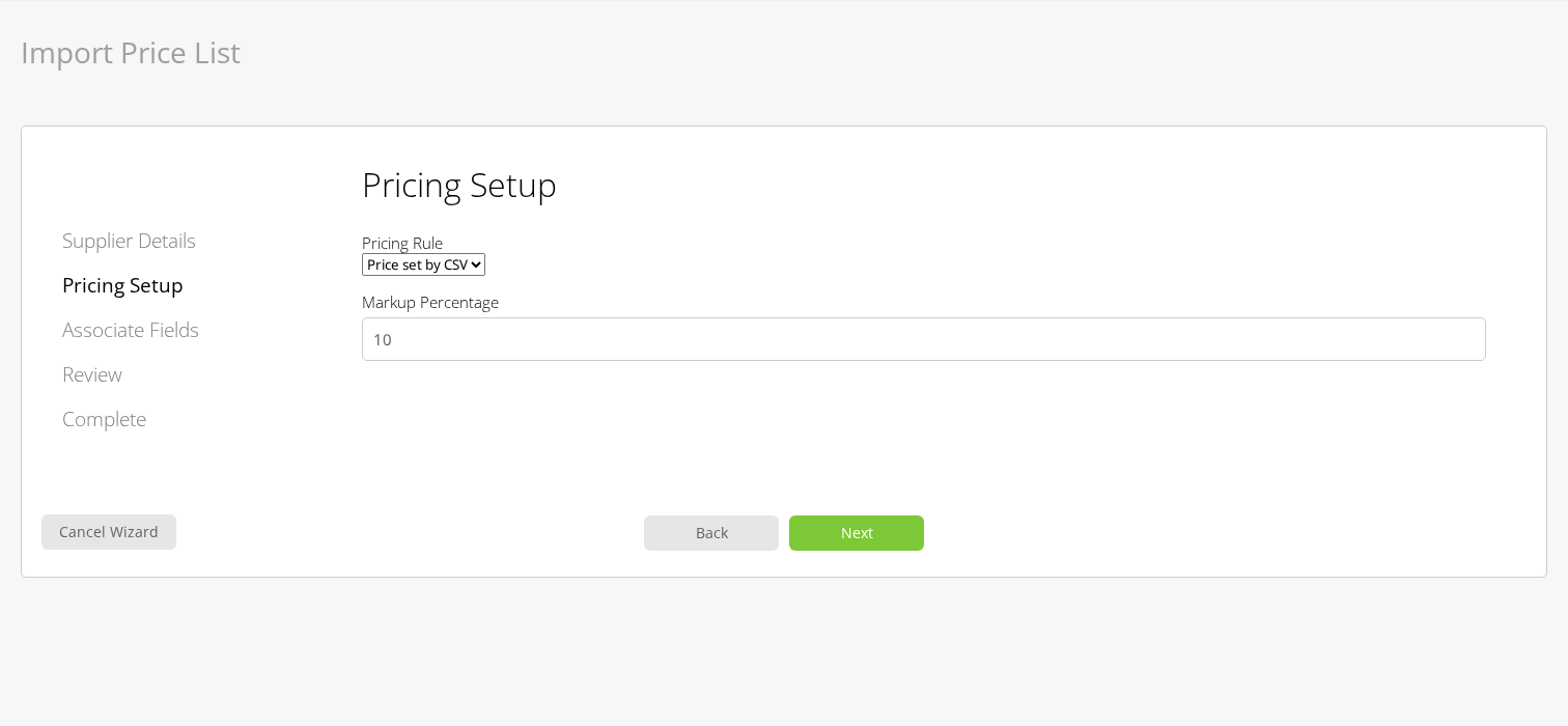 Pricing Setup using CSV prices with an optional percentage markup
