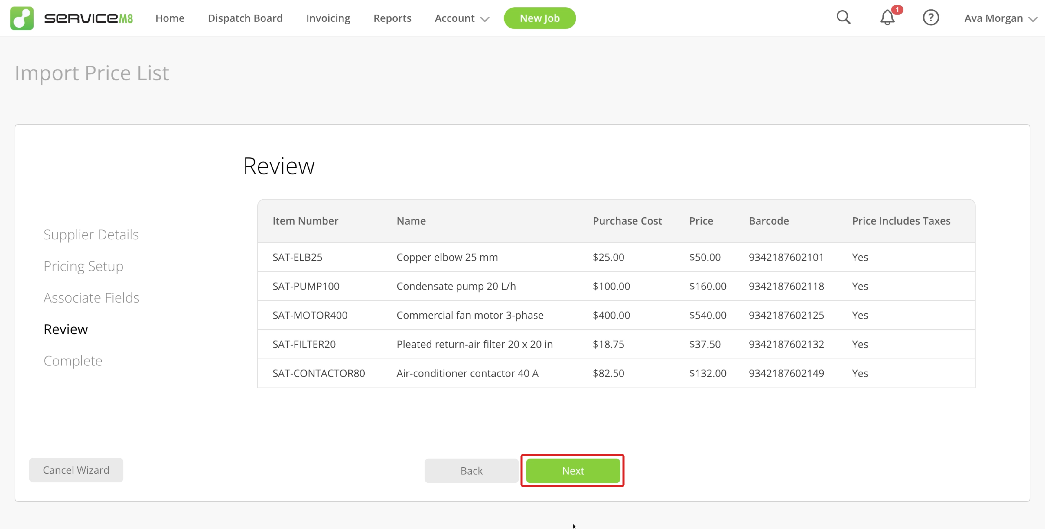 Review table of sample Materials and prices, with Next outlined