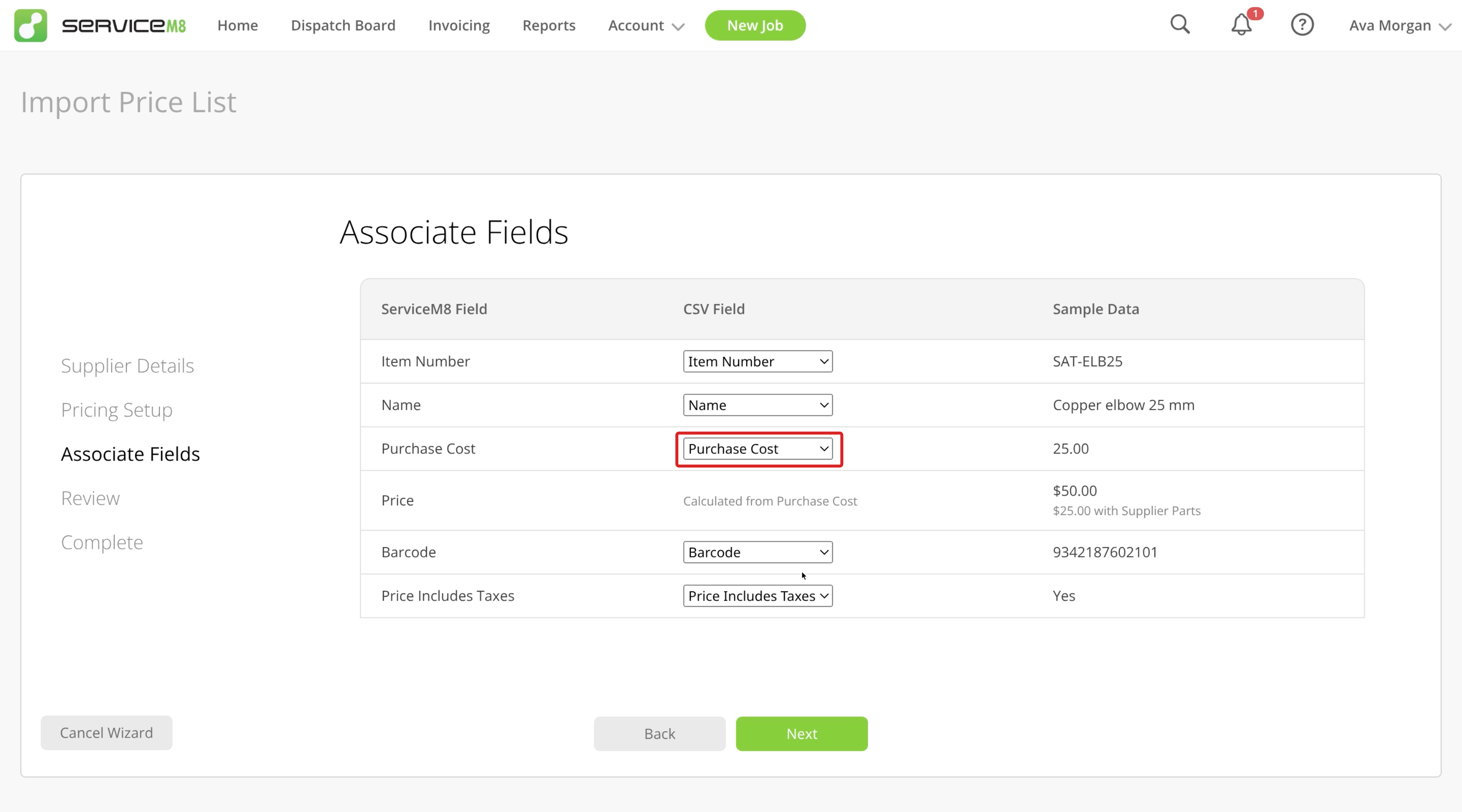Purchase Cost mapped to the supplier column, with a calculated Price sample