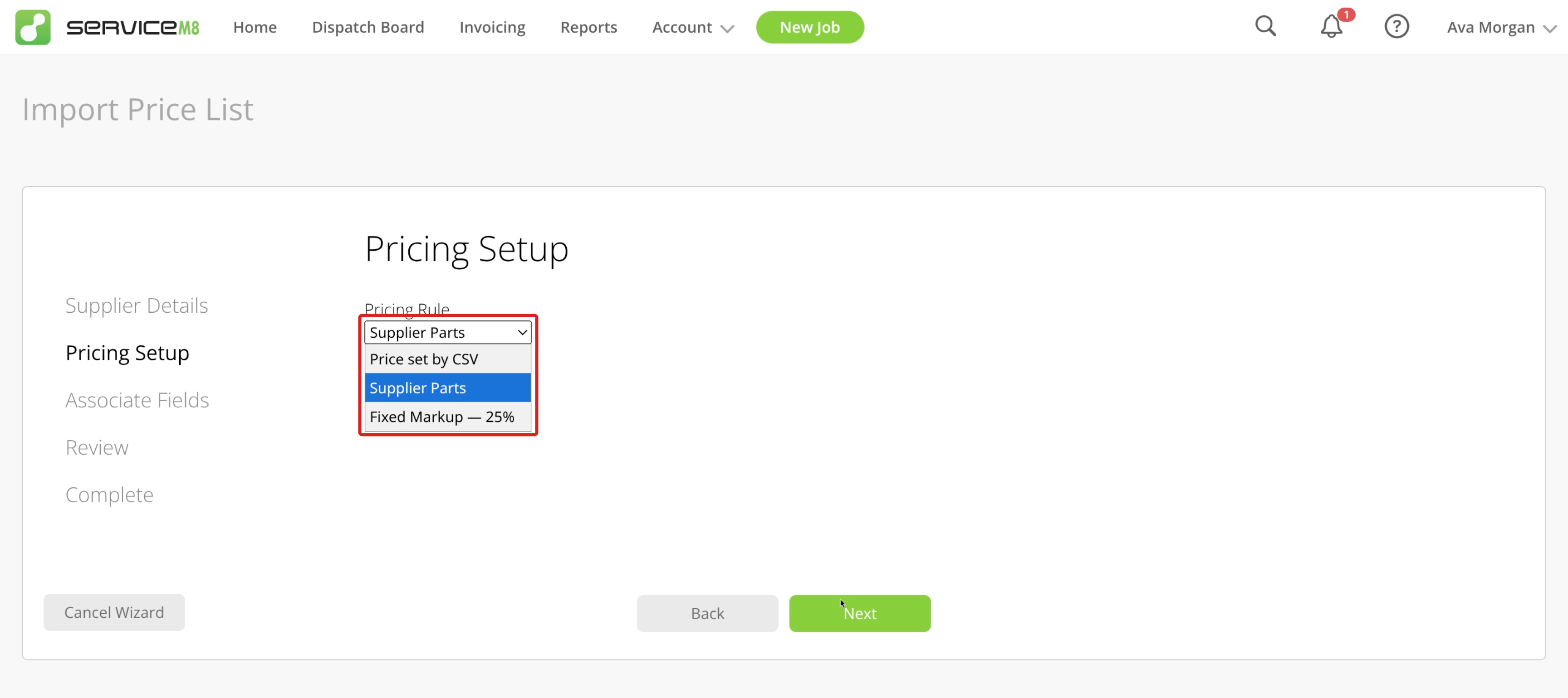 Pricing Rule menu with an existing Pricing Strategy selected