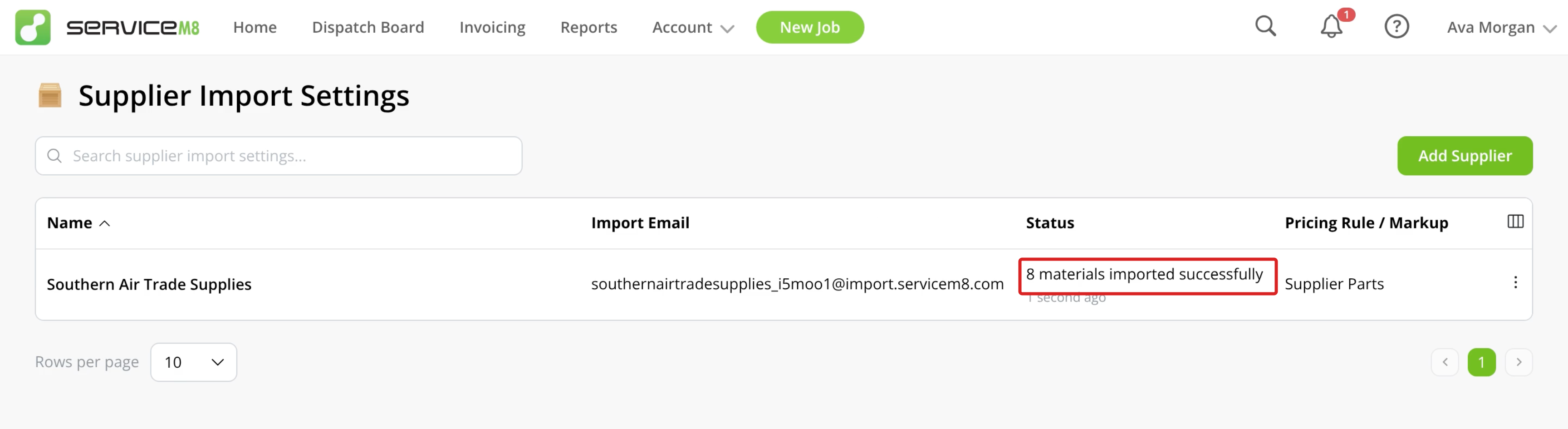 Successful import Status outlined beside the saved Pricing Rule