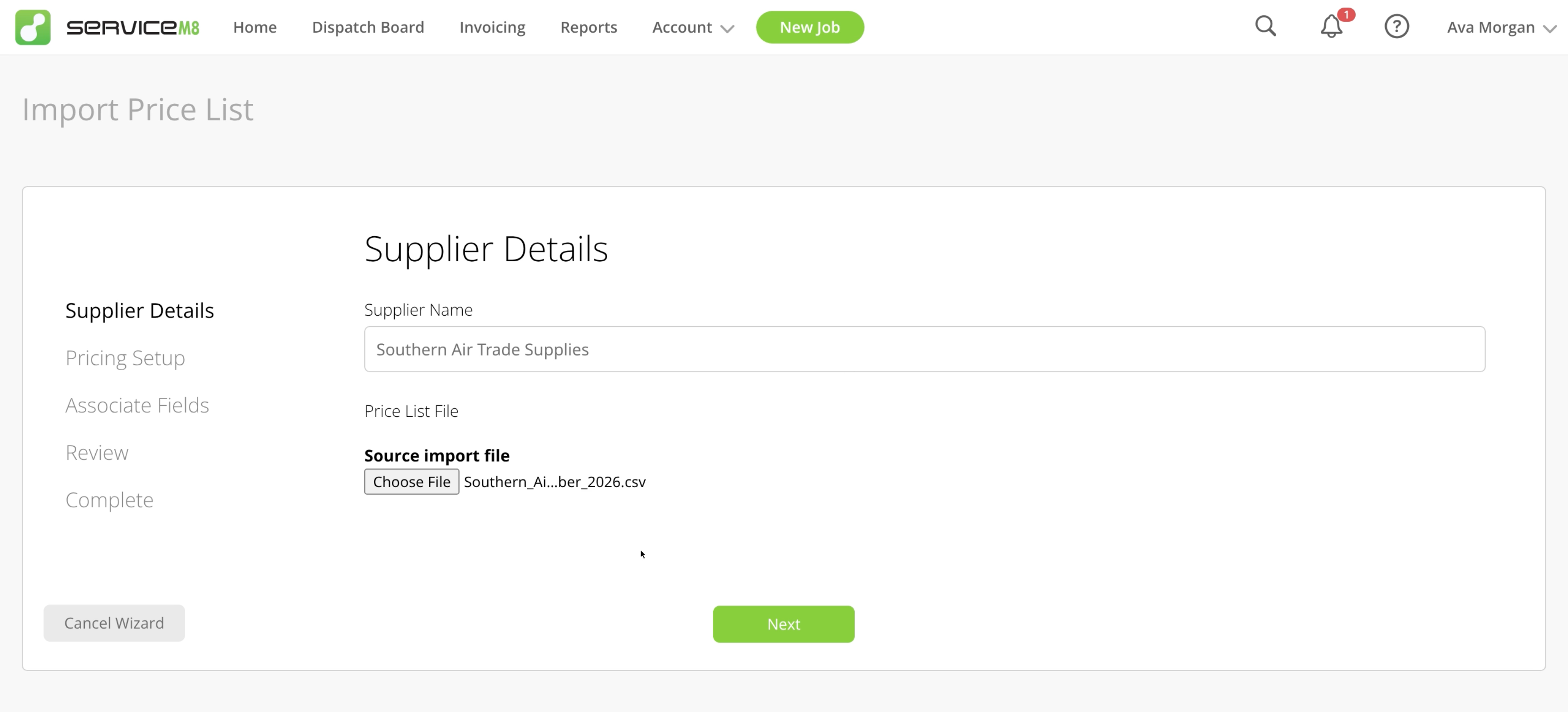 Supplier Details with a supplier name and price list file selected