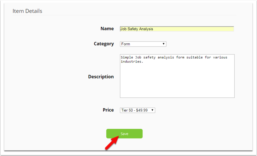 Form details and price entry form