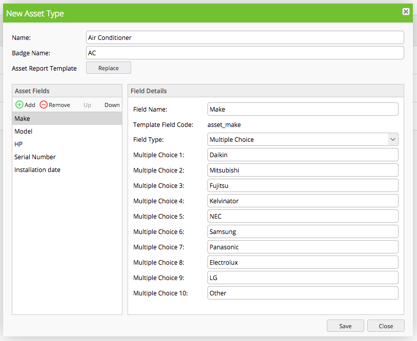New Asset Type configuration window