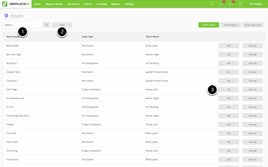 Asset list in online dashboard