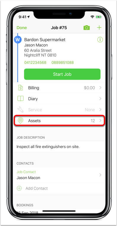 Assets menu in the job card app view