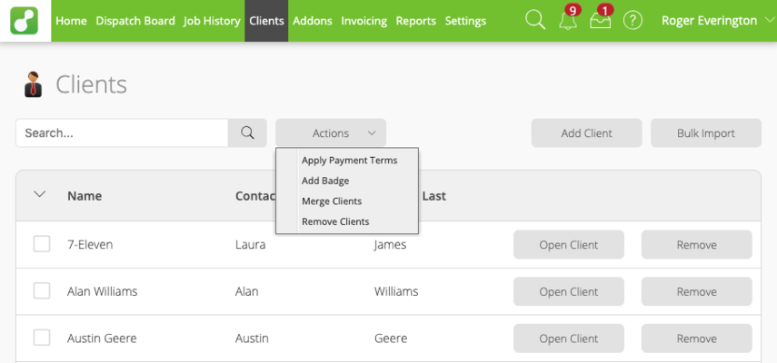 Client list with search and actions