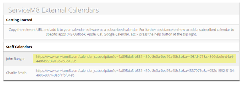 ServiceM8 External Calendars Link (URL)