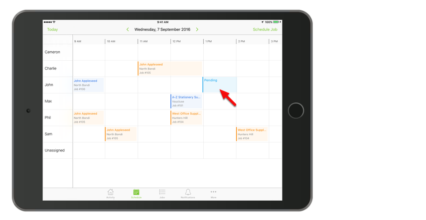To quickly schedule a job, tap and hold on an available date/time slot for a staff member