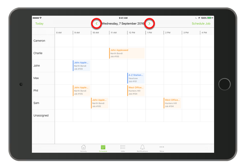 Navigate between days using the left and right arrows