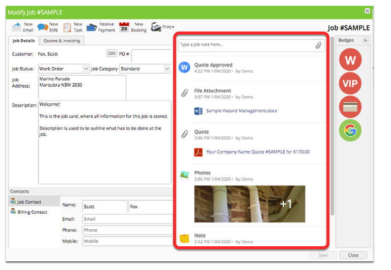 In the job card right pane you will see the job diary.