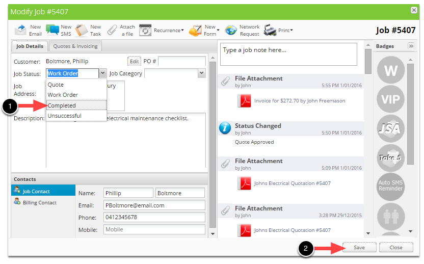 Change the job status to Completed, click Save