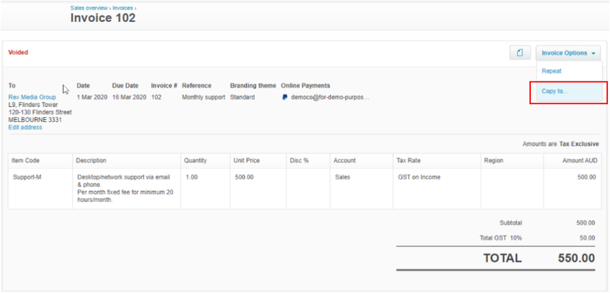 Copying to a new invoice