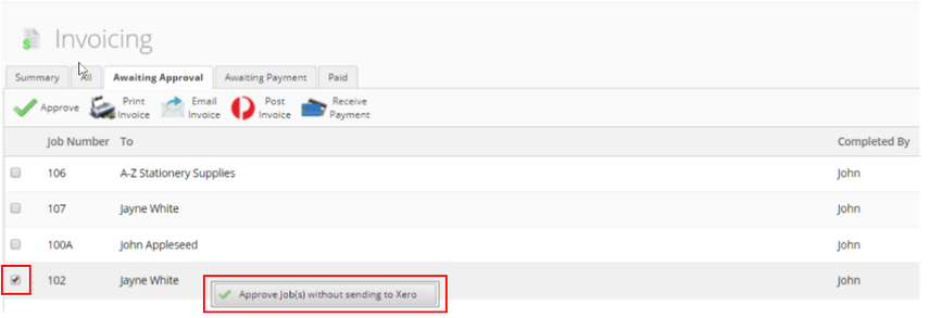 Approve jobs without sending to Xero