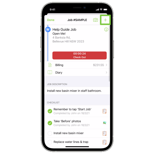 Saving a job note in the app