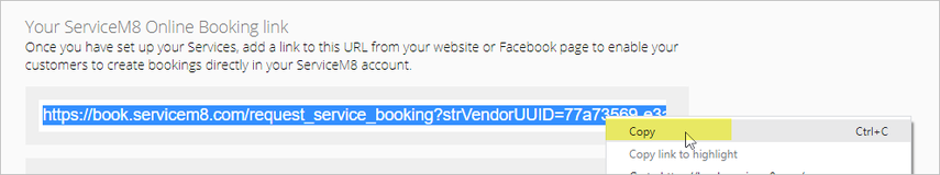copying your ServiceM8 Online Booking link