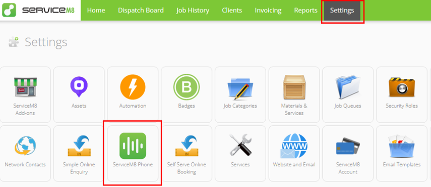 settings to servicem8 phone