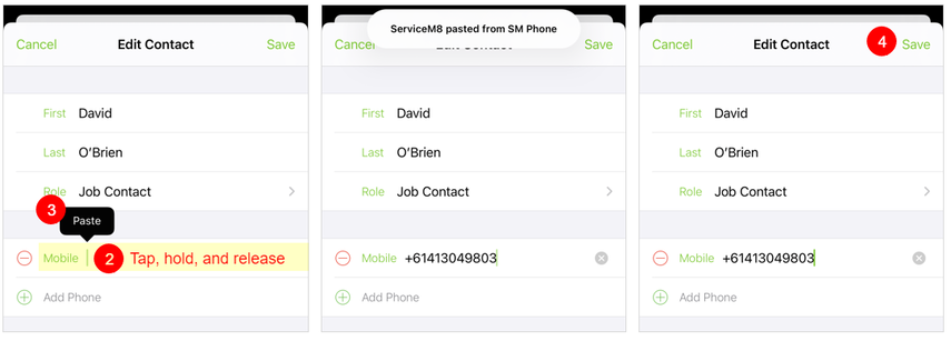 pasting the phone number