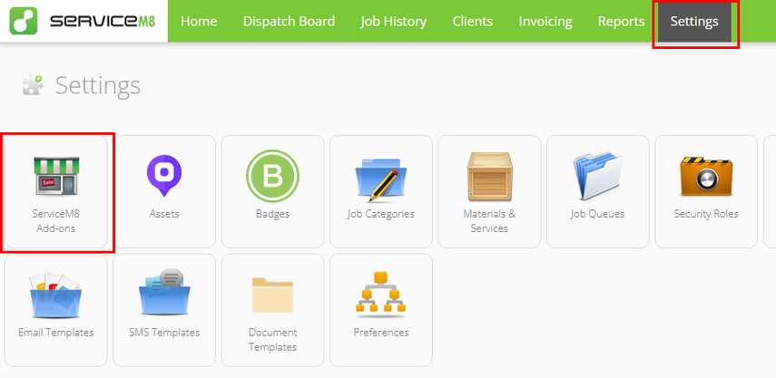 settings > serviceM8 add-ons