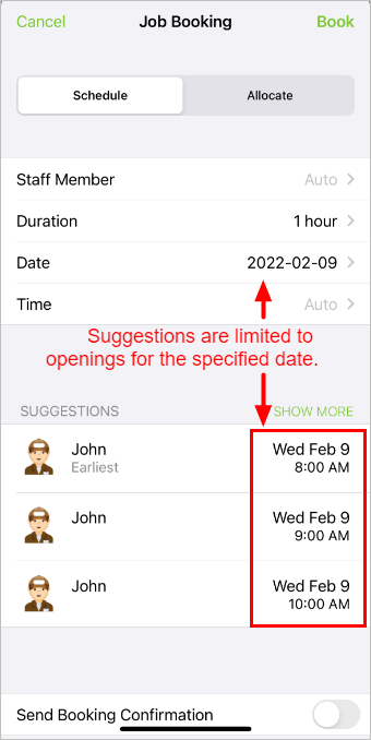 suggestions with booking parameters