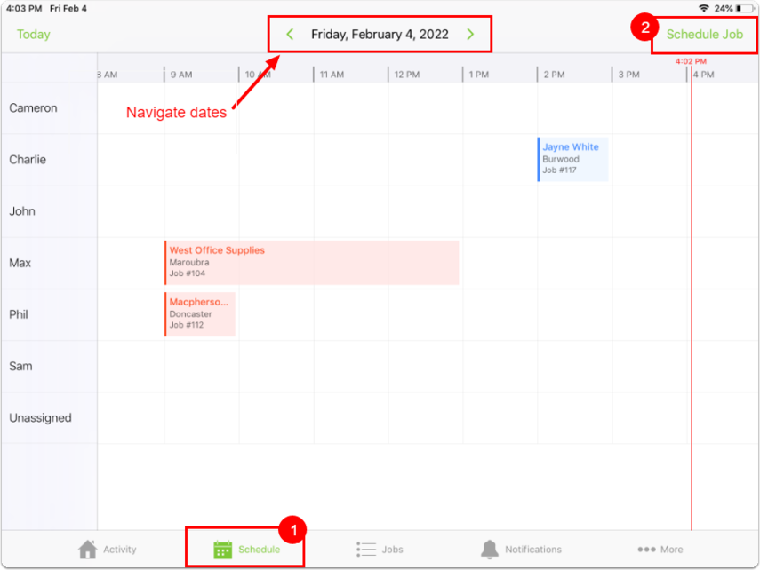 schedule tab on iPad