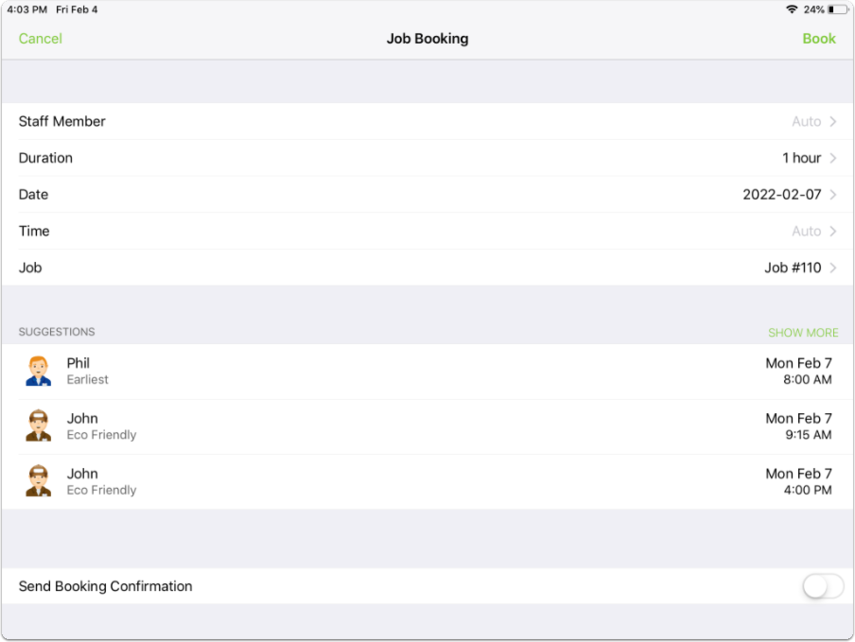 job booking window with suggestions
