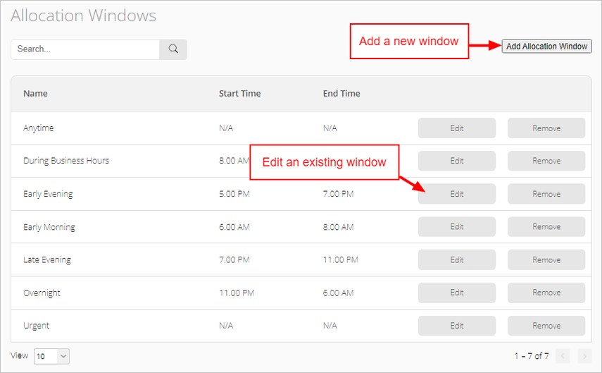 list of allocation windows