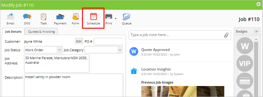 schedule tab on job card