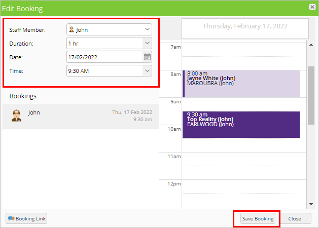Edit booking window