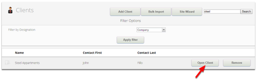 Search or browse any existing clients, then click Open Client