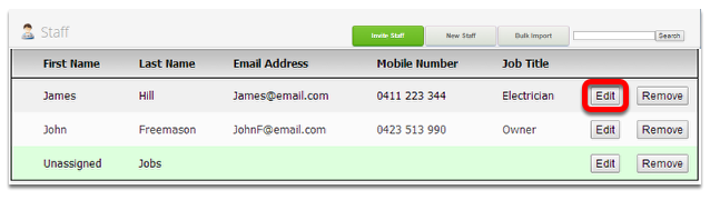 In Staff page, browse or search a staff member and click Edit