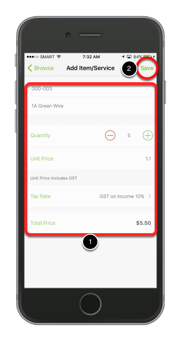 Set the quantity and price, then tap Save