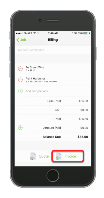 To create an invoice, tap Invoice icon