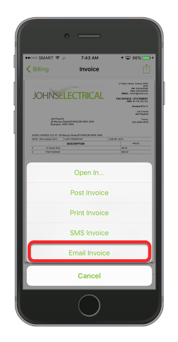 Tap Email Invoice