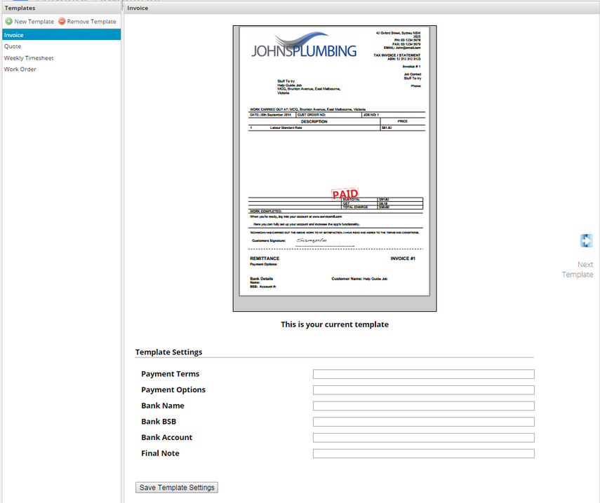 This area allows you to select, edit and create new templates.