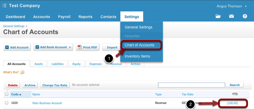 Log in to Xero and go to Settings > Chart of Accounts