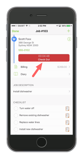 To stop the labour increasing, tap the job checkout button to stop the timer and finalise your labour fee.
