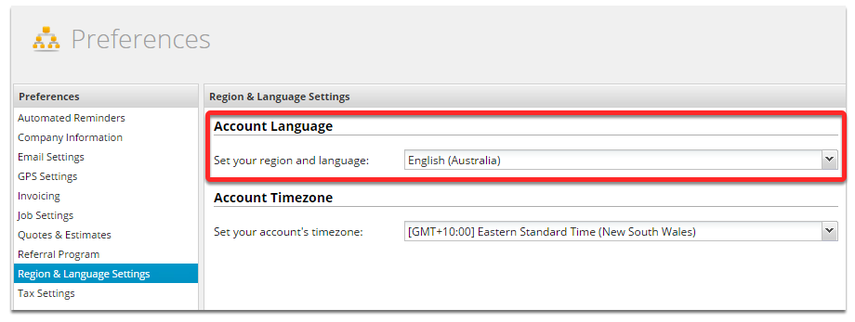 From the Preference left panel, click Region & Language Settings