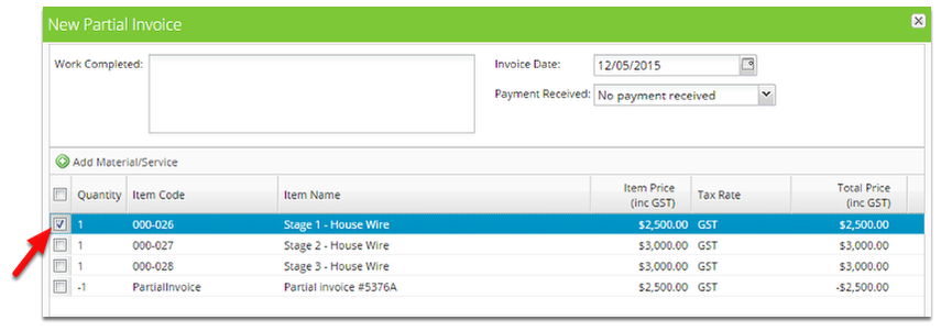 Tick the item you wish to partially invoice for.
