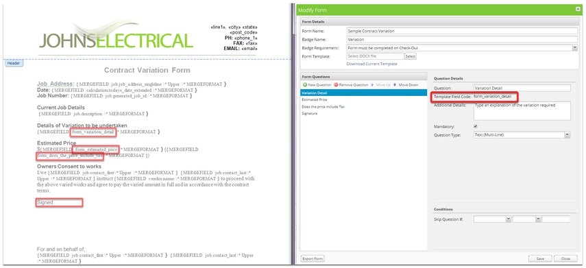 Overview of where the Template Field Codes from the form fit into the document template