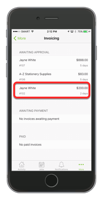 Tap a job from Awaiting Approval list