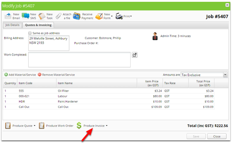 This job already has materials added, so we will just click Produce Invoice.