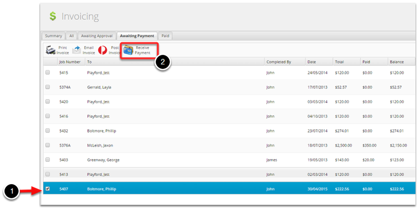 To receive payment, tick the job and click Receive Payment