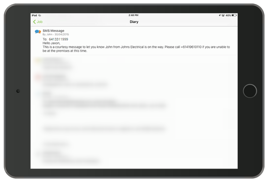 Sample SMS message below which is store in the job diary