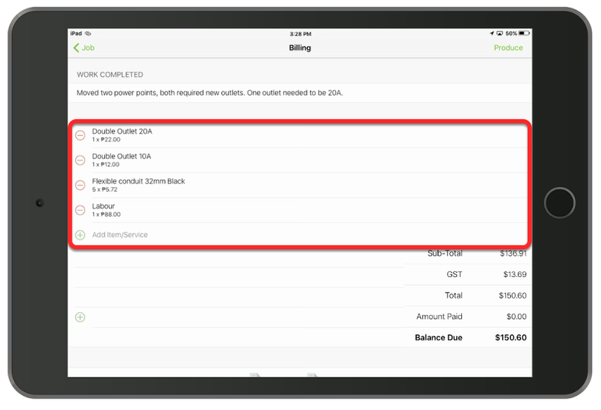 John now goes to the billing tab, where he enters the materials and labour used