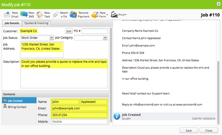 Job details are automatically entered