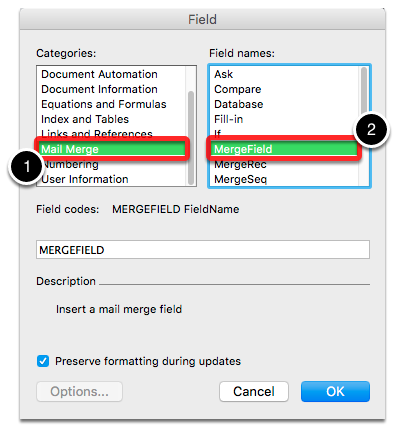 In the Mail Merge categories, select MergeField